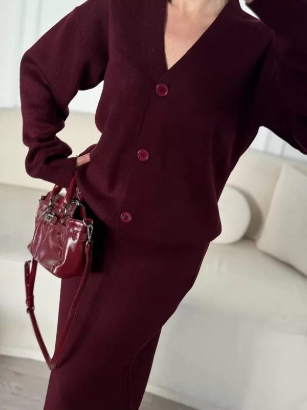 V Yaka 3 Düğmeli Hırka Takım Triko İkili Etekli - Bordo
