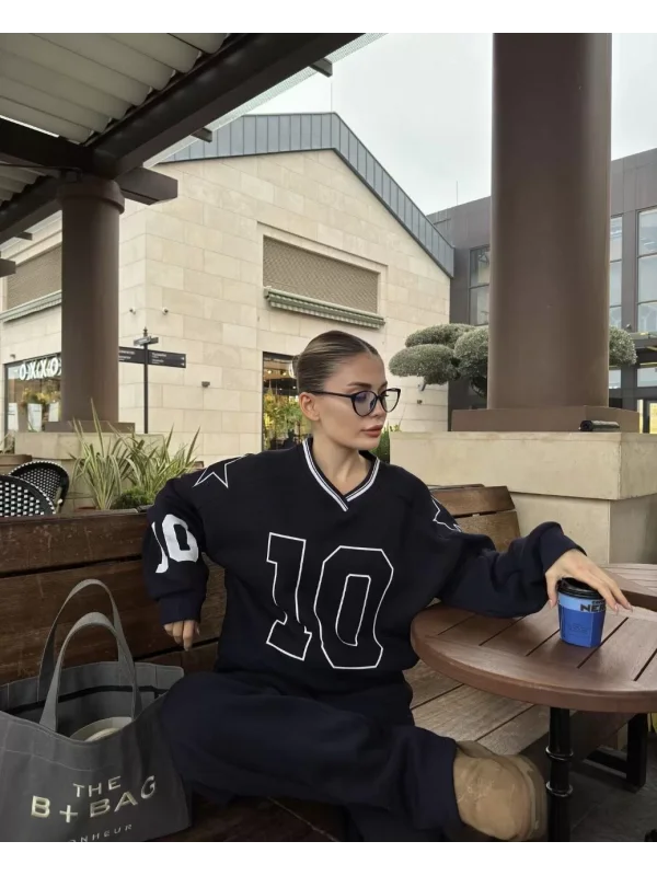 V Yaka Üç İplik Sweat Takım - Siyah