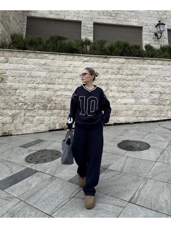 V Yaka Üç İplik Sweat Takım - Siyah