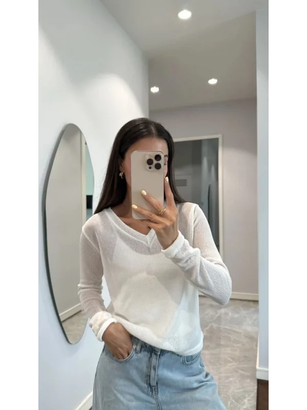 V Yaka uzun Kollu Triko ince Bluz - Beyaz