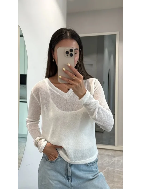 V Yaka uzun Kollu Triko ince Bluz - Beyaz