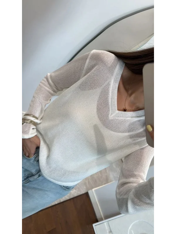 V Yaka uzun Kollu Triko ince Bluz - Beyaz