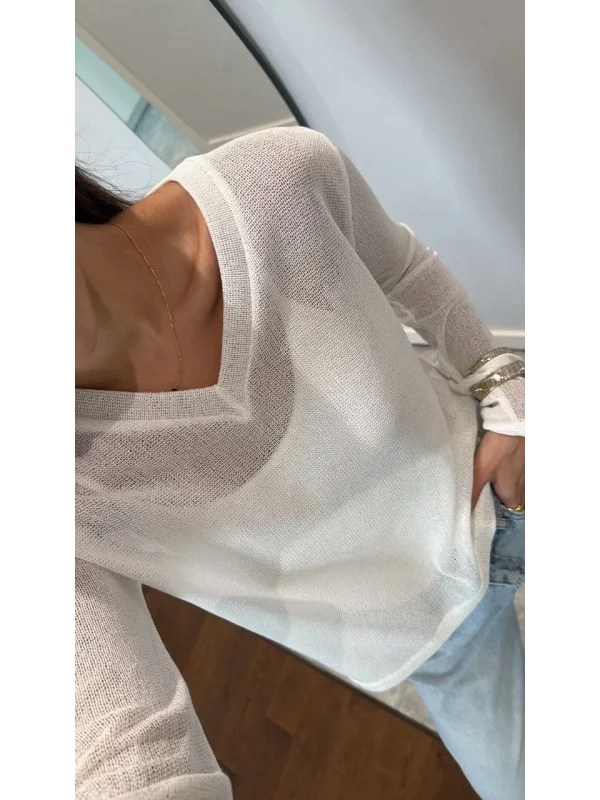 V Yaka uzun Kollu Triko ince Bluz - Beyaz