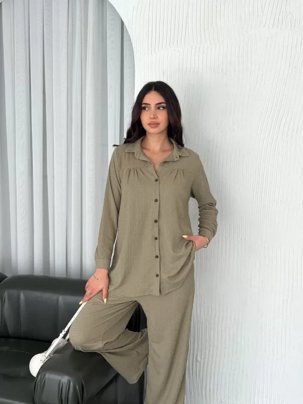 Yakalı Düğmeli Uzun Kollu Gömlek Pantolon ikili Takım - Bej