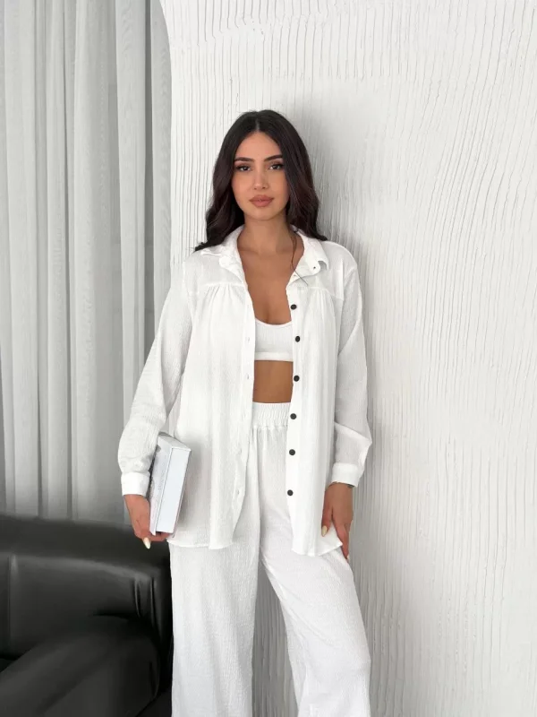 Yakalı Düğmeli Uzun Kollu Gömlek Pantolon ikili Takım - Beyaz