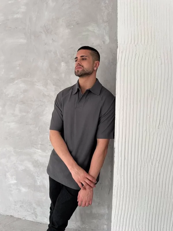 Yakalı Patlı Kısa Kol T-shirt - Antrasit