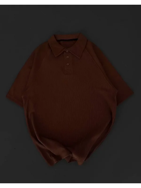 Yakalı Patlı Kısa Kol T-shirt - Kahverengi