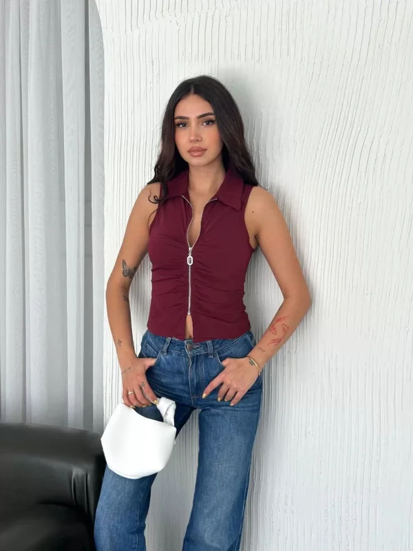 Yakalı Tam Fermuarlı Kolsuz Bluz - Bordo
