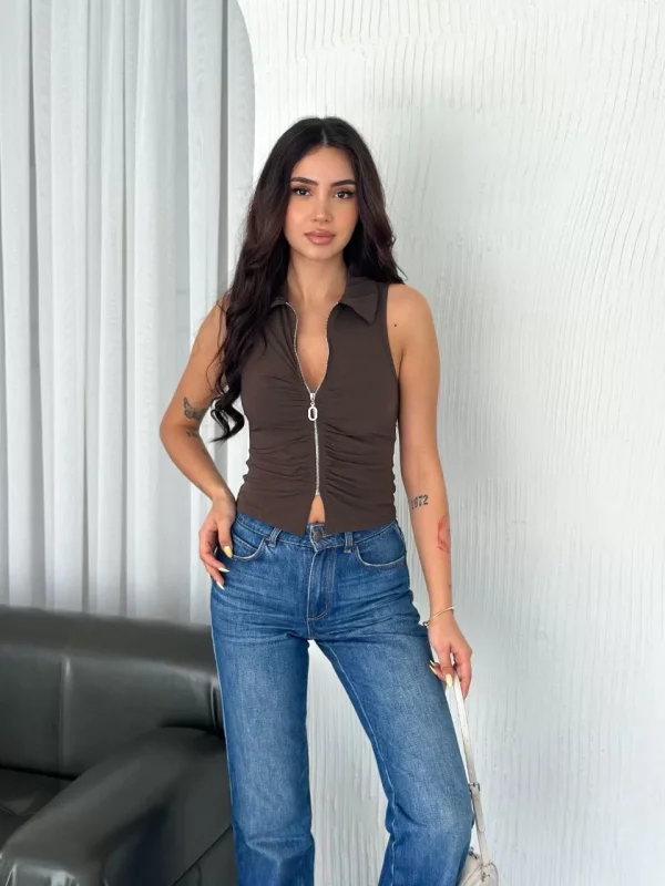 Yakalı Tam Fermuarlı Kolsuz Bluz - Kahverengi