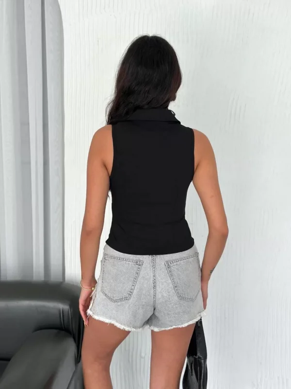 Yakalı Tam Fermuarlı Kolsuz Bluz - Siyah