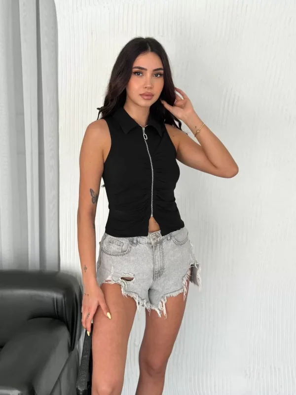 Yakalı Tam Fermuarlı Kolsuz Bluz - Siyah