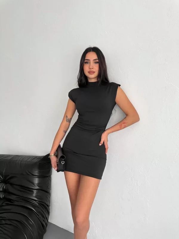 Yarım Bogazlı Kolsuz Mini Boy Elbise - Siyah