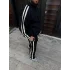 Erkek Çift Şeritli Eşofman Takım Dik Yaka Fermuarlı Sweatshirt Boru Paça Alt, Oversize 3 iplik Pamuklu - Siyah