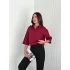 Kadın Crop Yakalı Gömlek Üç Çeyrek Sleeve Kol - Bordo