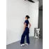 Osy Modal Yumuşak Dokulu Kumaş Kısa Kollu Crop Alt ispanyol Paça Pantalon ikili Takım - Lacivert