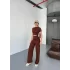 Osy Modal Yumuşak Dokulu Kumaş Kısa Kollu Crop Rahat Pantalon ikili Takım - Kahverengi