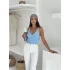 V Yaka Askılı Arkası Açık Triko Crop - Bebe Mavisi
