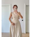 Krep Arkası Kanat Arka Ön Pens Detaylı Uzun Kadın Elbise - Bej