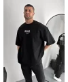 Baskılı Oversize Bisiklet Yaka T-shirt - Siyah