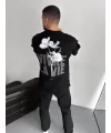 Baskılı Oversize Bisiklet Yaka T-shirt - Siyah