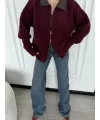 Deri Yakalı Pamuk dokulu Çift Taraflı Çalışan Fermuar Ceket - Bordo