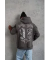 Lushiowear Erkek 3 İplik Pamuklu Kapüşonlu Baskılı Cepli Oversize Sweatshirt Hoodie - Gri