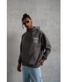 Lushiowear Erkek 3 İplik Pamuklu Kapüşonlu Baskılı Cepli Oversize Sweatshirt Hoodie - Gri