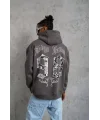 Lushiowear Erkek 3 İplik Pamuklu Kapüşonlu Baskılı Cepli Oversize Sweatshirt Hoodie - Gri