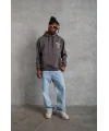 Lushiowear Erkek 3 İplik Pamuklu Kapüşonlu Baskılı Cepli Oversize Sweatshirt Hoodie - Gri