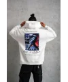 Lushiowear Erkek 3 İplik Pamuklu Kapüşonlu Baskılı Cepli Oversize Sweatshirt Hoodie - Beyaz