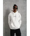 Lushiowear Erkek 3 İplik Pamuklu Kapüşonlu Baskılı Cepli Oversize Sweatshirt Hoodie - Beyaz