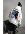 Lushiowear Erkek 3 İplik Pamuklu Kapüşonlu Baskılı Cepli Oversize Sweatshirt Hoodie - Beyaz