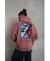 Lushiowear Erkek 3 İplik Pamuklu Kapüşonlu Baskılı Cepli Oversize Sweatshirt Hoodie - Gül Kurusu
