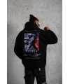 Lushiowear Erkek 3 İplik Pamuklu Kapüşonlu Baskılı Cepli Oversize Sweatshirt Hoodie - Siyah