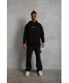 Lushiowear Erkek 3 İplik Pamuklu Kapüşonlu Baskılı Cepli Oversize Sweatshirt Hoodie - Siyah