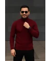 Erkek Balıkcı Yaka Bağazlı Triko Kazak Pamuklu Kalın Fitilli Dokuma, Regular Fit Uzun Kollu Kışlık Model - Bordo