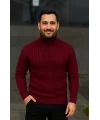 Erkek Balıkcı Yaka Bağazlı Triko Kazak Pamuklu Kalın Fitilli Dokuma, Regular Fit Uzun Kollu Kışlık Model - Bordo