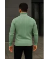 Erkek Balıkcı Yaka Bağazlı Triko Kazak Pamuklu Kalın Fitilli Dokuma, Regular Fit Uzun Kollu Kışlık Model - Mint Yeşili
