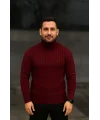 Erkek Balıkcı Yaka Bağazlı Triko Kazak Pamuklu Kalın Fitilli Dokuma, Regular Fit Uzun Kollu Kışlık Model - Bordo
