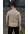 Erkek Balıkcı Yaka Bağazlı Triko Kazak Pamuklu Kalın Fitilli Dokuma, Regular Fit Uzun Kollu Kışlık Model - Bej