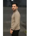 Erkek Balıkcı Yaka Bağazlı Triko Kazak Pamuklu Kalın Fitilli Dokuma, Regular Fit Uzun Kollu Kışlık Model - Bej