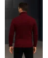 Erkek Balıkcı Yaka Bağazlı Triko Kazak Pamuklu Kalın Fitilli Dokuma, Regular Fit Uzun Kollu Kışlık Model - Bordo