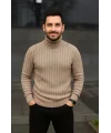 Erkek Balıkcı Yaka Bağazlı Triko Kazak Pamuklu Kalın Fitilli Dokuma, Regular Fit Uzun Kollu Kışlık Model - Bej