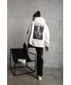 Lushiowear Erkek 3 İplik Pamuklu Kapüşonlu Baskılı Cepli Oversize Sweatshirt Hoodie - Beyaz