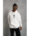 Lushiowear Erkek 3 İplik Pamuklu Kapüşonlu Baskılı Cepli Oversize Sweatshirt Hoodie - Beyaz