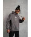 Lushiowear Erkek Baskılı Kapüşonlu 3 iplik pamuklu Hoodie Sweatshirt - Gri