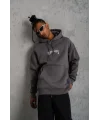Lushiowear Erkek 3 İplik Pamuklu Kapüşonlu Baskılı Cepli Oversize Sweatshirt Hoodie - Gri