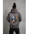 Lushiowear Erkek 3 İplik Pamuklu Kapüşonlu Baskılı Cepli Oversize Sweatshirt Hoodie - Gri