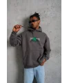 Lushiowear Erkek 3 İplik Pamuklu Kapüşonlu Baskılı Cepli Oversize Sweatshirt Hoodie - Gri