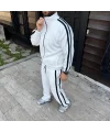 Erkek Çift Şeritli Eşofman Takım Dik Yaka Fermuarlı Sweatshirt Boru Paça Alt, Oversize 3 iplik Pamuklu - Beyaz